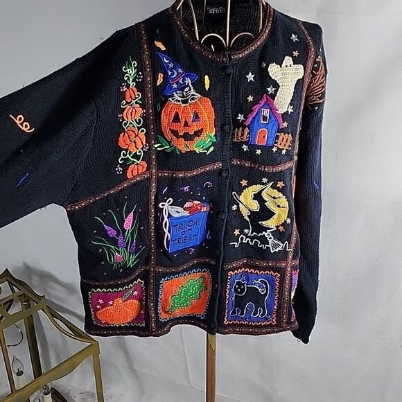 Vintage Halloween Boo Size L Knit Embroidered Cardigan Sweater - Picture 2 of 16
